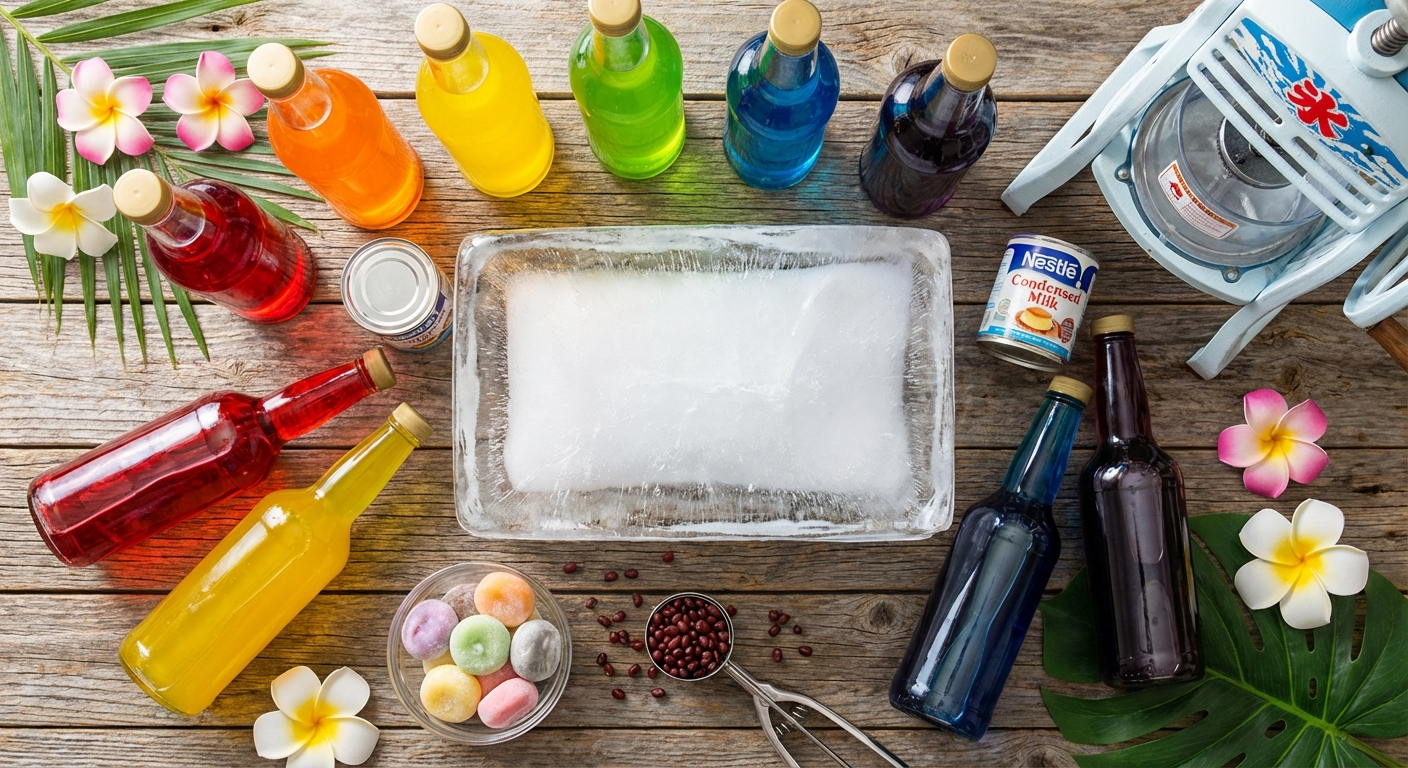 Overhead flat lay of Hawaiian shave ice ingredients including block of ice, rainbow colored flavored syrups, condensed milk, mochi, azuki beans, and ice cream scoop arranged colorfully