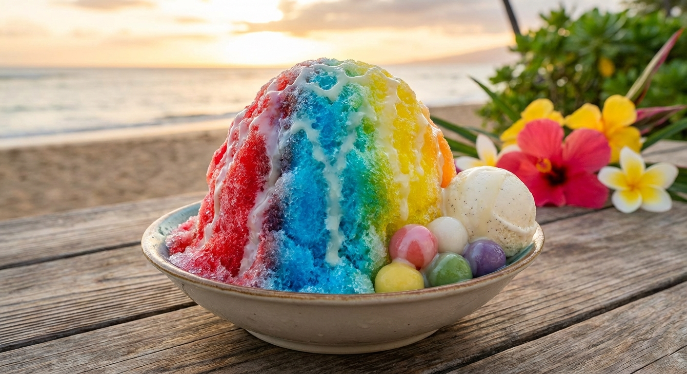 Hawaiian shave ice with a towering dome of finely shaved ice topped with rainbow colored syrups, vanilla ice cream, and mochi on the side