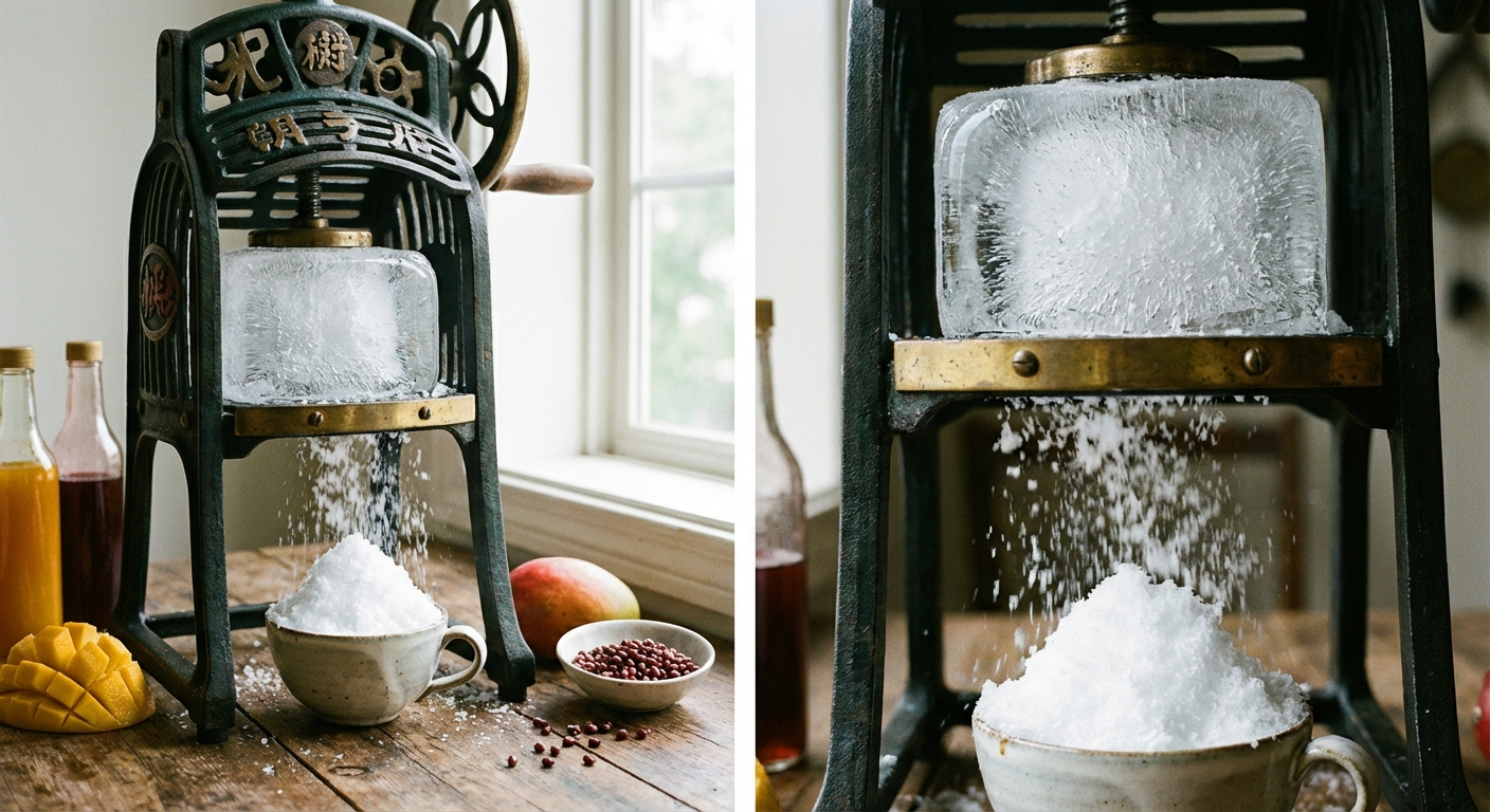 Shave ice being shaved from a block of ice on a shave ice machine with fine fluffy ice snow falling into a cup