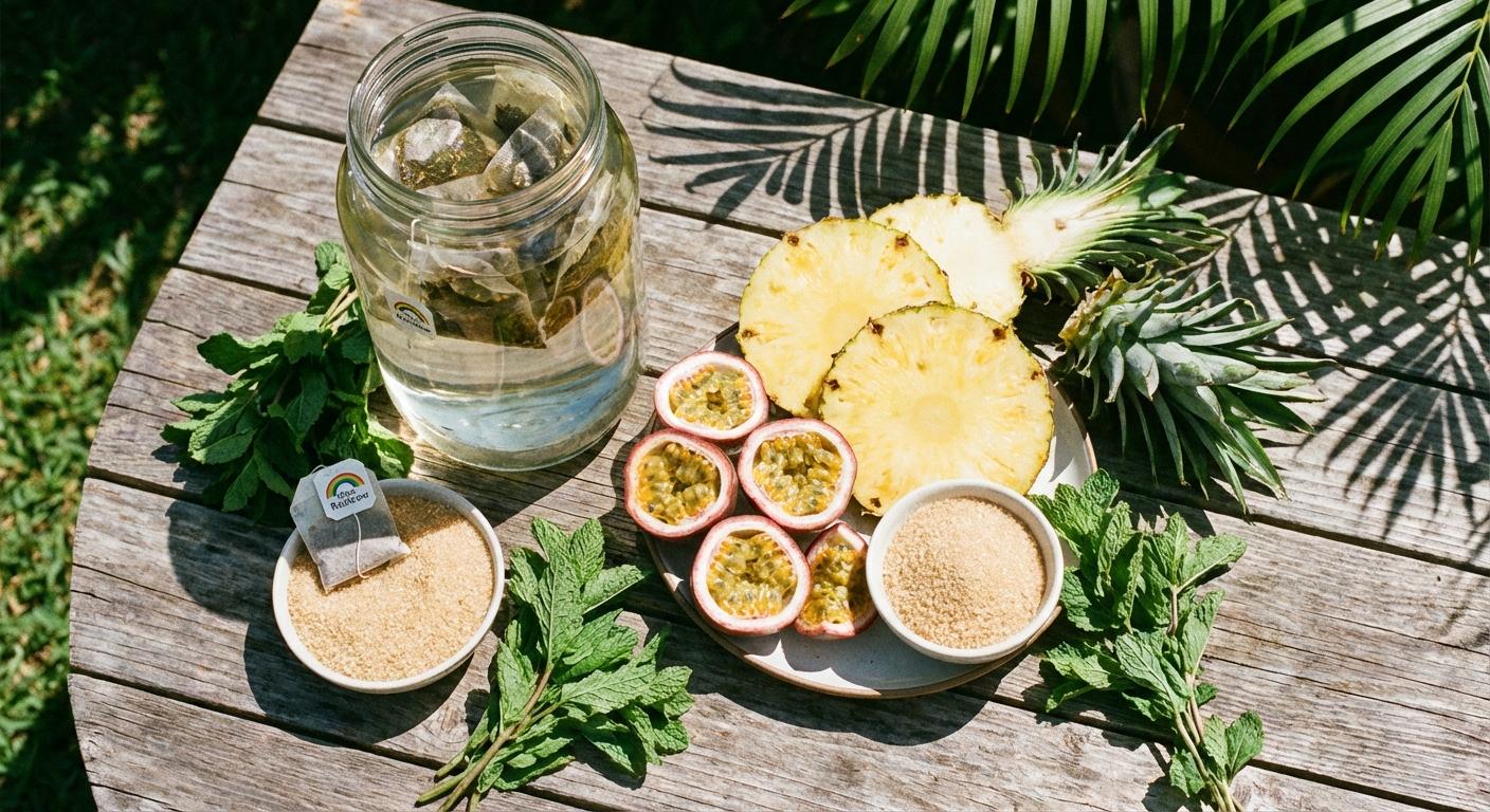 Overhead flat lay of Hawaiian sun tea ingredients including tea bags, fresh pineapple, lilikoi passion fruit, mint, sugar, a large glass jar, and water on a sunny outdoor surface