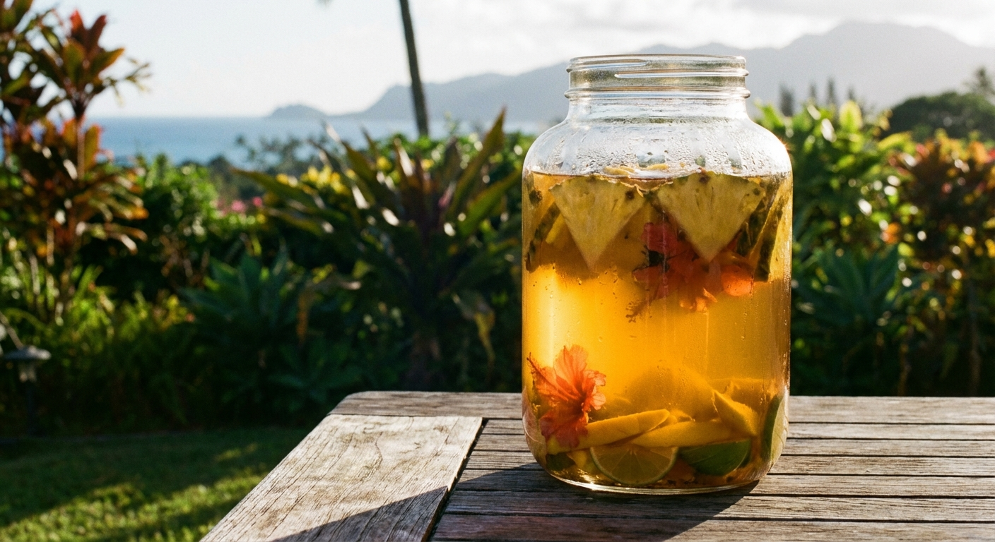 Hawaiian sun tea brewing in a large glass jar sitting in warm sunlight with golden amber tea color developing and fruit visible inside