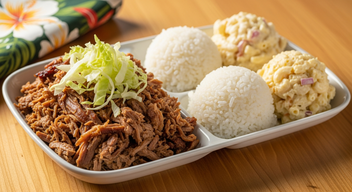 Hawaiian plate lunch with kalua pig, two scoops white rice, and mac salad on a divided plate, garnished with cabbage