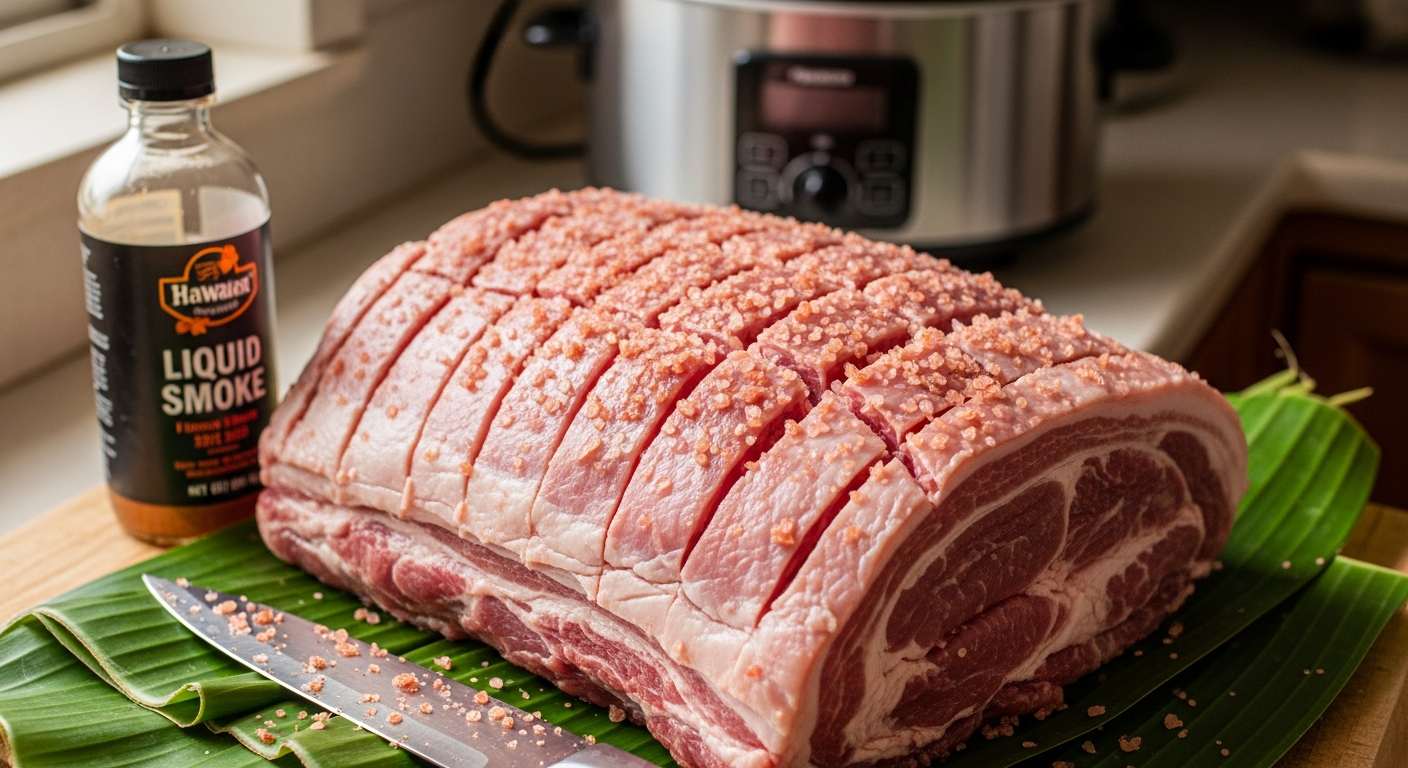 Raw pork butt scored and rubbed with Hawaiian red salt, banana leaves nearby, ready for slow cooking kalua pig