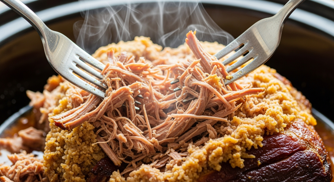 Shredded kalua pig being pulled apart with two forks, showing smoky, tender strands of pork with steam rising