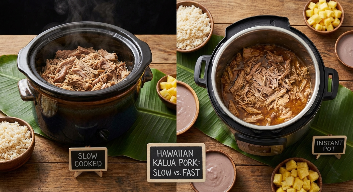 Kalua pork being cooked in both a slow cooker and Instant Pot showing the results of each cooking method