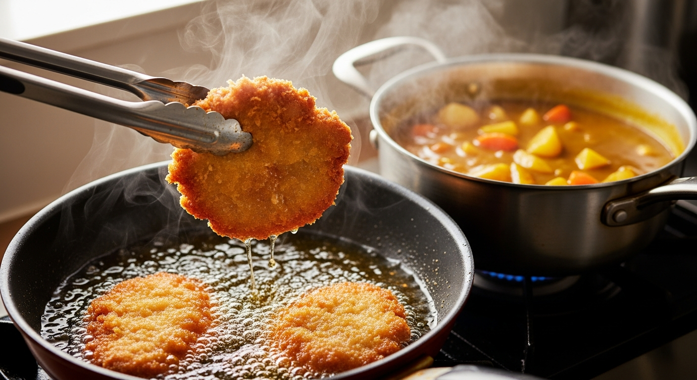 Golden panko-breaded tonkatsu pork cutlets frying in a deep skillet with bubbling oil, tongs lifting one crispy piece, with a pot of Japanese curry sauce simmering in the background