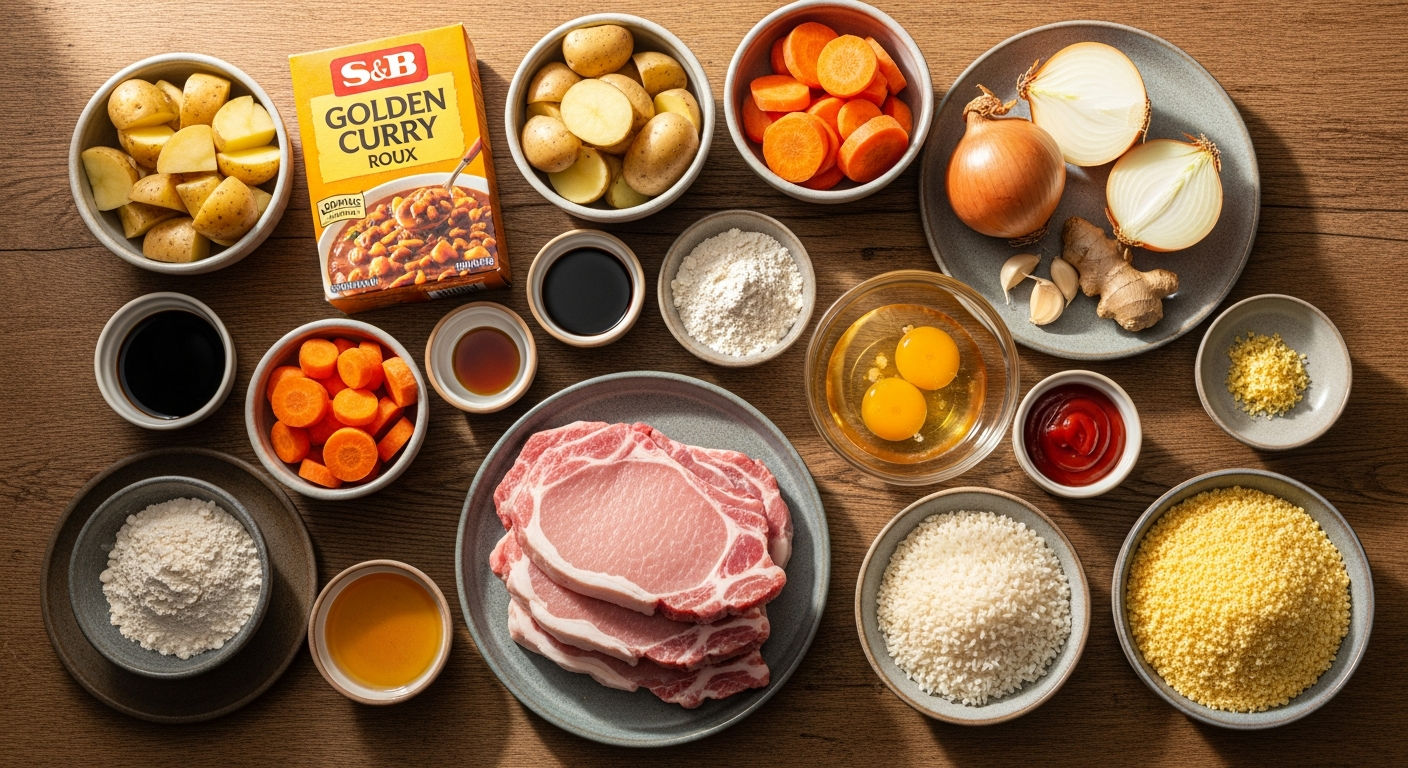 Flat lay of katsu curry ingredients including pork loin chops, panko breadcrumbs, S&B Golden Curry roux, potatoes, carrots, onion, garlic, ginger, eggs, and rice arranged on a rustic wooden surface
