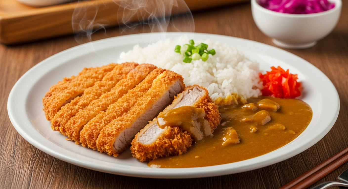 Beautifully plated katsu curry with sliced crispy tonkatsu pork cutlet, steamed white rice, and thick golden Japanese curry sauce, garnished with green onions and fukujinzuke pickles