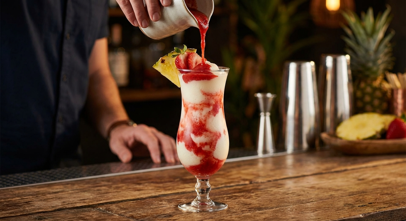 Lava flow cocktail being assembled with creamy white pina colada base in a glass and red strawberry puree being poured on top to create the lava flow effect