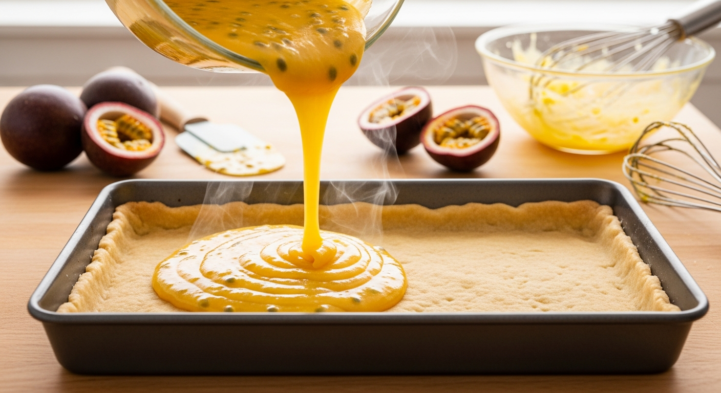 Lilikoi bars baking in the oven with the passion fruit filling bubbling and setting over the golden shortbread crust