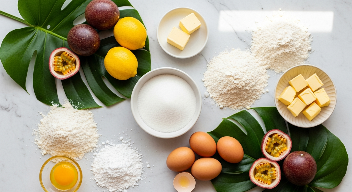 Flat lay of lilikoi bar ingredients: softened butter, powdered sugar, flour, eggs, granulated sugar, fresh passion fruit, lemon, and salt arranged in small bowls on a wooden surface
