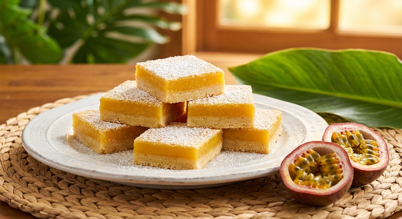 Lilikoi bars cut into perfect squares dusted with powdered sugar, showing bright passion fruit filling over buttery shortbread crust, with fresh passion fruit nearby