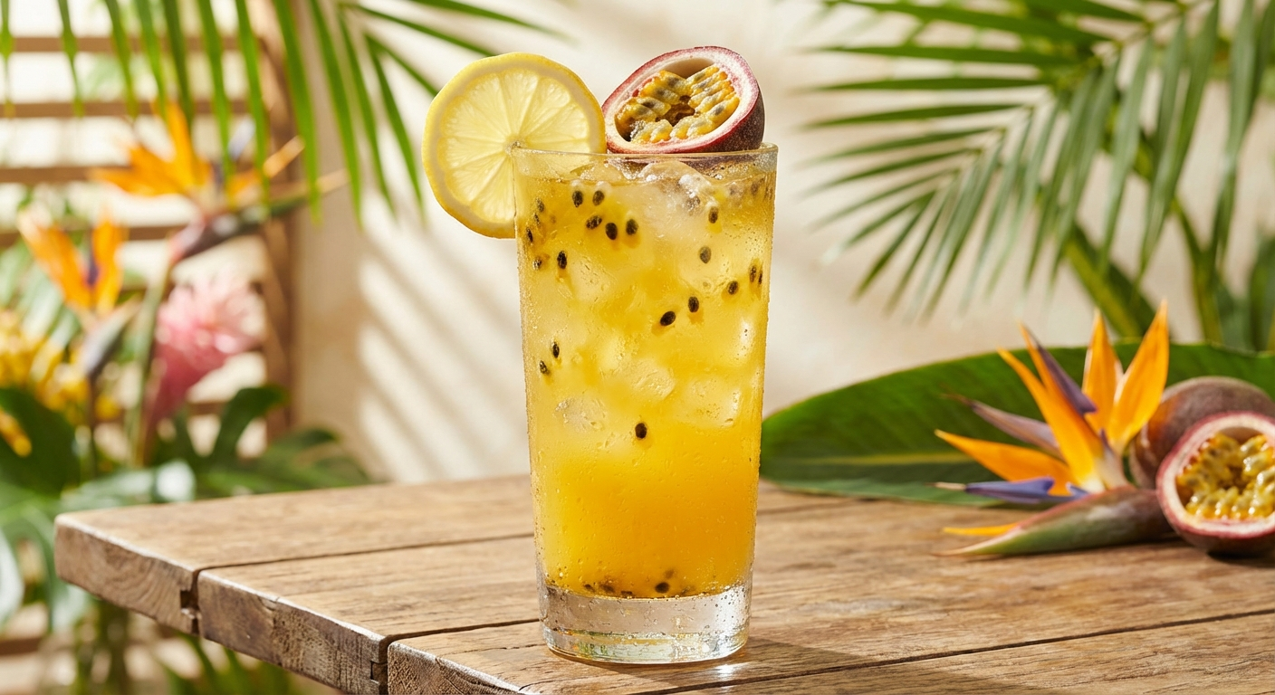 Lilikoi lemonade in a tall glass with ice, bright golden-yellow color with visible passion fruit seeds, garnished with lemon wheel and passion fruit half