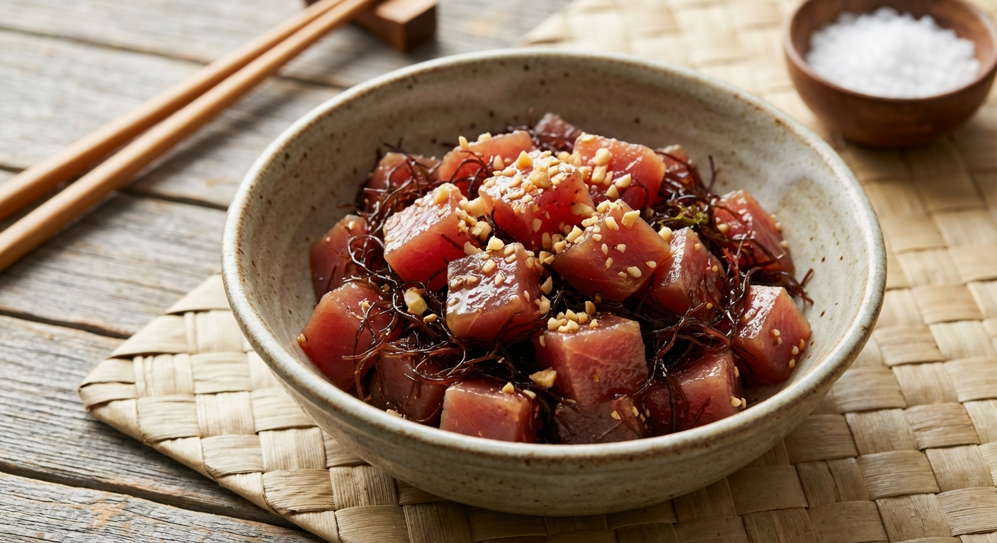 Traditional limu poke in a bowl with cubed ahi mixed with dark red limu seaweed, glistening with sesame oil and garnished with inamona