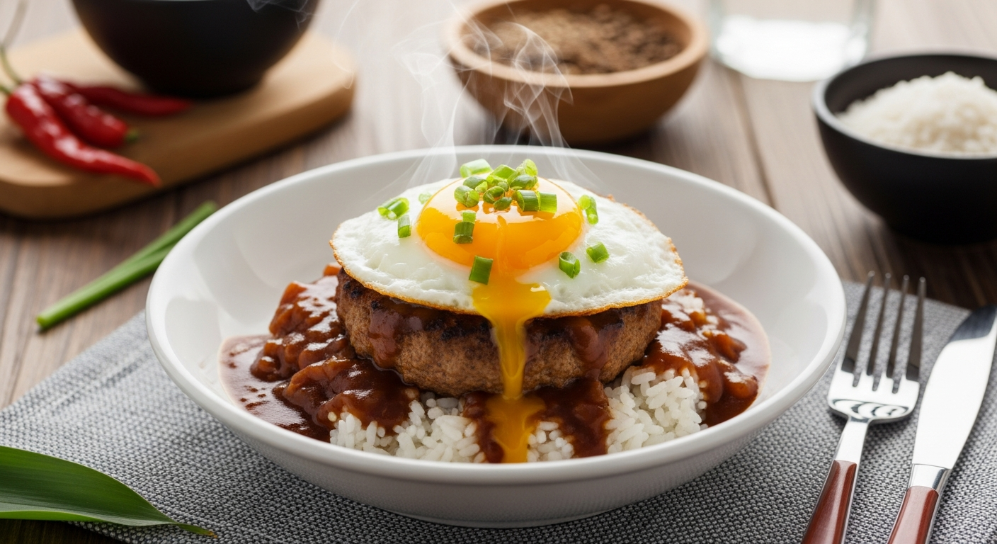 Classic Hawaiian loco moco in a bowl - white rice topped with a hamburger patty, rich brown gravy, and a sunny side up egg with runny yolk, garnished with green onions