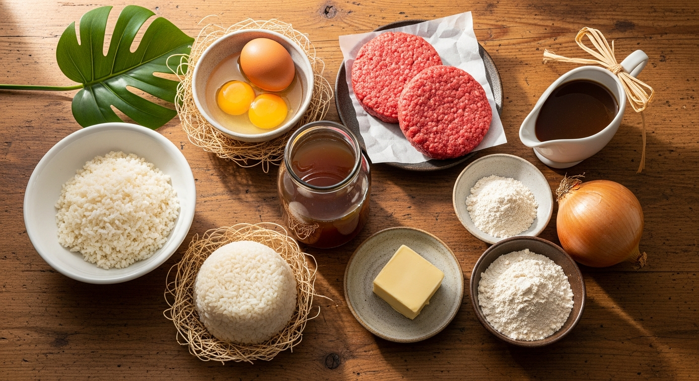 Loco moco ingredients laid out on a kitchen counter - ground beef patties, eggs, white rice, brown gravy ingredients, and onion