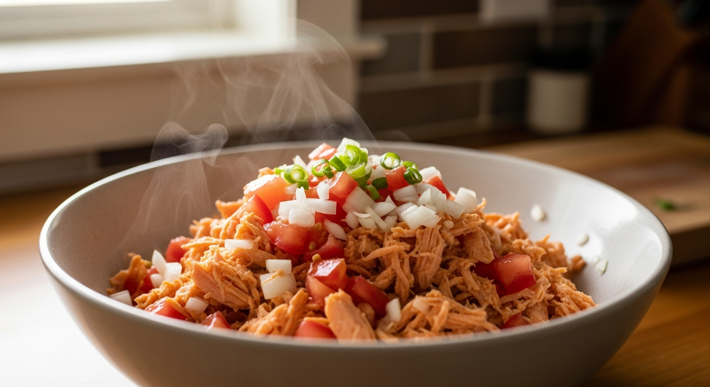 Shredded salmon being mixed with diced tomatoes and onions in a bowl using the traditional lomilomi massage technique