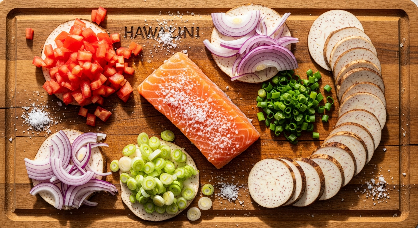 Flat lay of lomi salmon ingredients including salted salmon, diced tomatoes, Maui onion, green onions, fresh taro root, and Hawaiian sea salt on a rustic cutting board