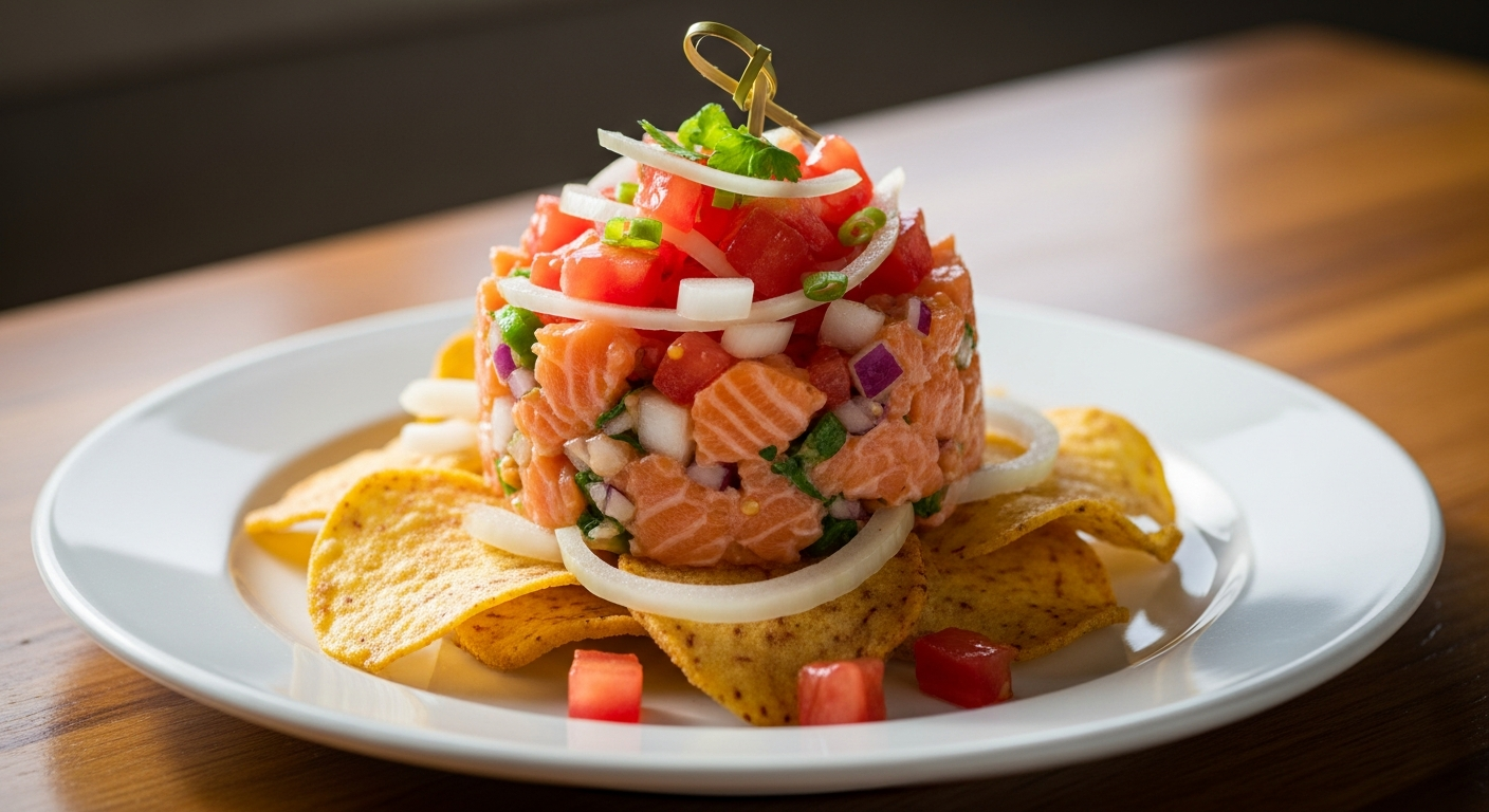 Finished lomi salmon on taro chips pupu platter with vibrant pink salmon, diced tomatoes, and onions served on crispy golden taro chips over crushed ice