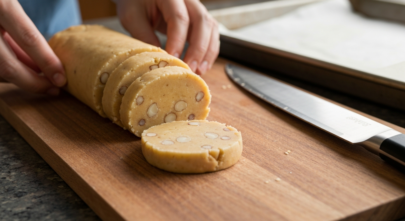Slicing rounds of macadamia nut shortbread cookie dough from a chilled log, showing chopped macadamia nuts throughout the golden dough