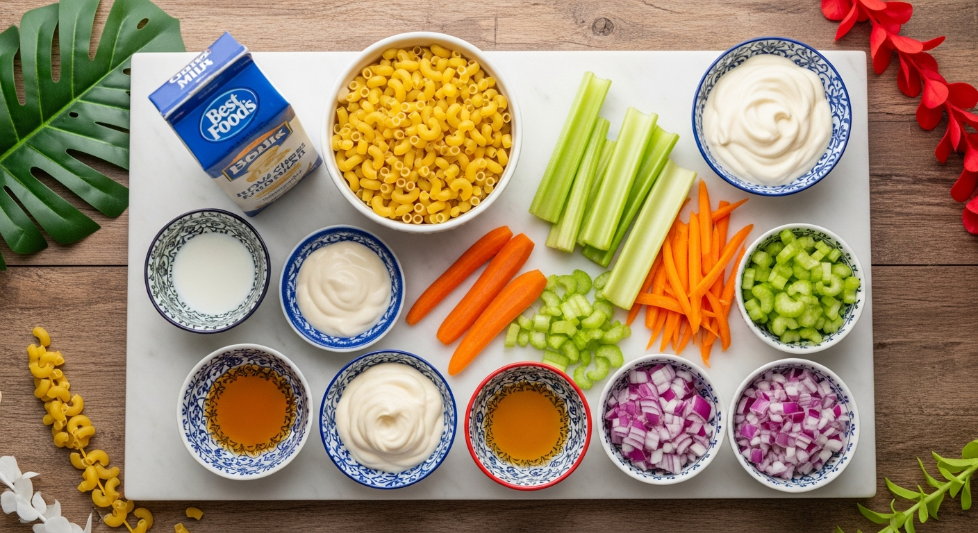 Hawaiian mac salad ingredients on a clean surface - elbow macaroni, Best Foods mayonnaise, milk, apple cider vinegar, carrots, celery, and onion