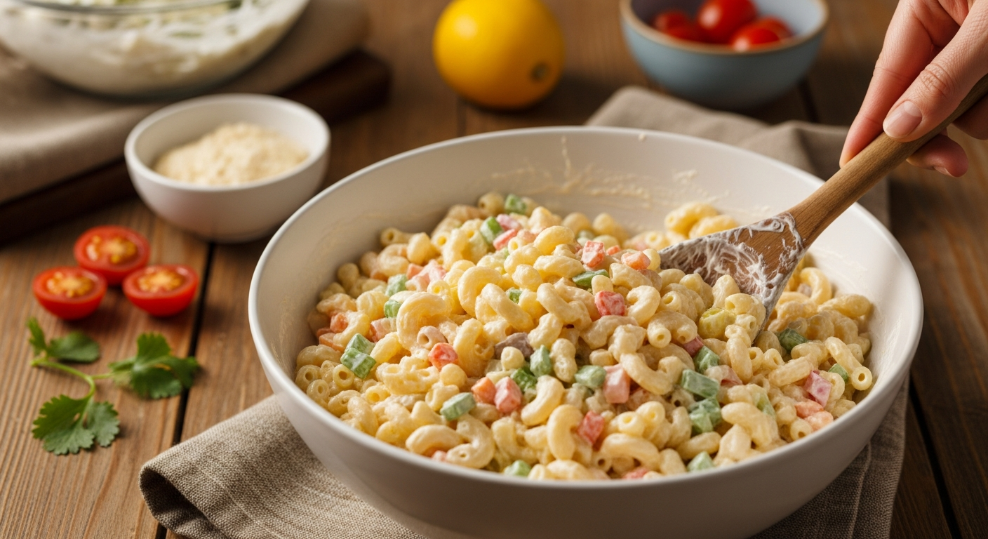 Creamy Hawaiian macaroni salad being mixed in a large bowl with a wooden spoon, showing the glossy mayo coating on the pasta