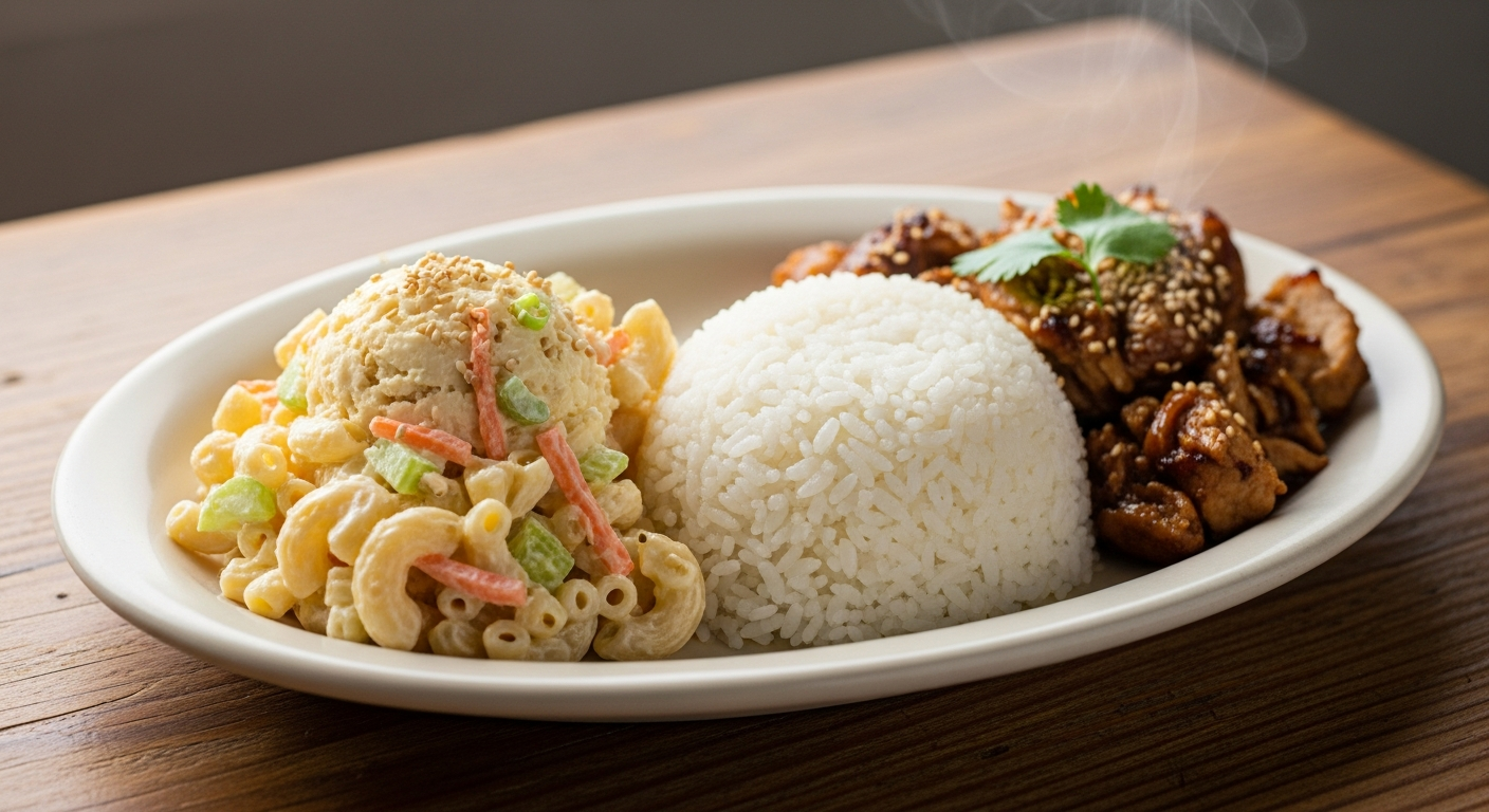 Scoop of creamy Hawaiian mac salad on a plate lunch plate next to white rice and a protein, classic Hawaiian side dish