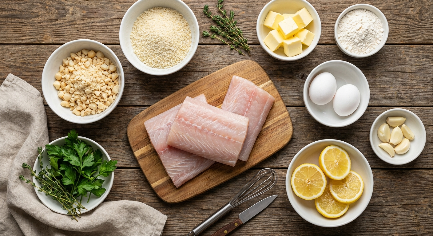 Overhead flat lay of macadamia nut crusted mahi mahi ingredients including fresh mahi mahi fillets, crushed macadamia nuts, panko breadcrumbs, butter, herbs, and garlic in prep bowls on a wooden surface