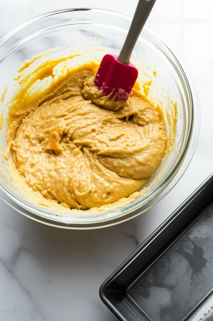 Mixing mango bread batter with chunks of fresh mango being folded in