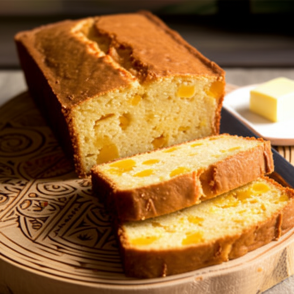 Freshly baked Hawaiian mango bread sliced to show moist golden interior with mango chunks