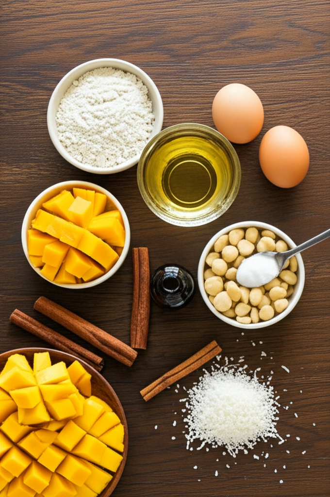 Flat lay of Hawaiian mango bread ingredients including fresh mangoes, flour, sugar, eggs, and cinnamon