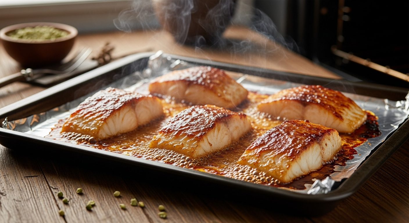 Miso-glazed black cod fillets broiling under high heat with the miso glaze caramelizing and bubbling with golden brown spots on a foil-lined baking sheet