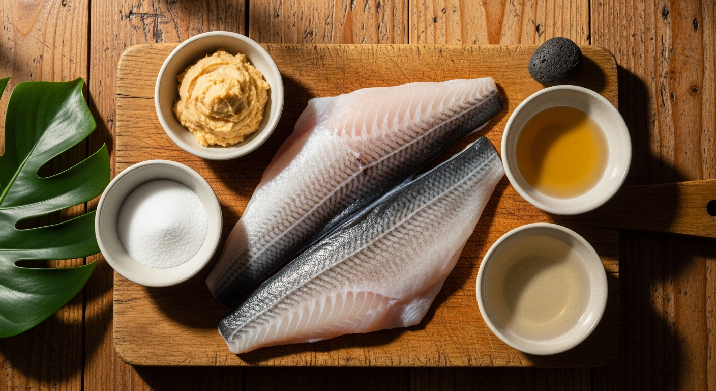 Flat lay of misoyaki butterfish ingredients including fresh black cod fillets, white miso paste, mirin, sake, sugar, soy sauce, and sesame oil arranged in prep bowls on a wooden cutting board