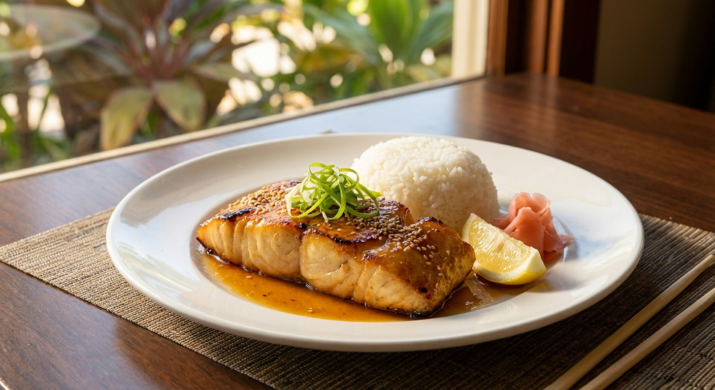 Beautifully plated misoyaki butterfish with golden caramelized miso glaze, served with steamed rice, garnished with green onions, sesame seeds, and lemon wedge