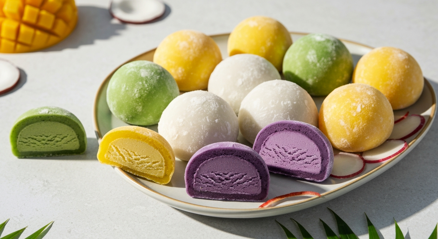 Colorful assortment of mochi ice cream balls in green tea, mango, haupia coconut, and ube flavors, some cut in half to show the ice cream filling inside
