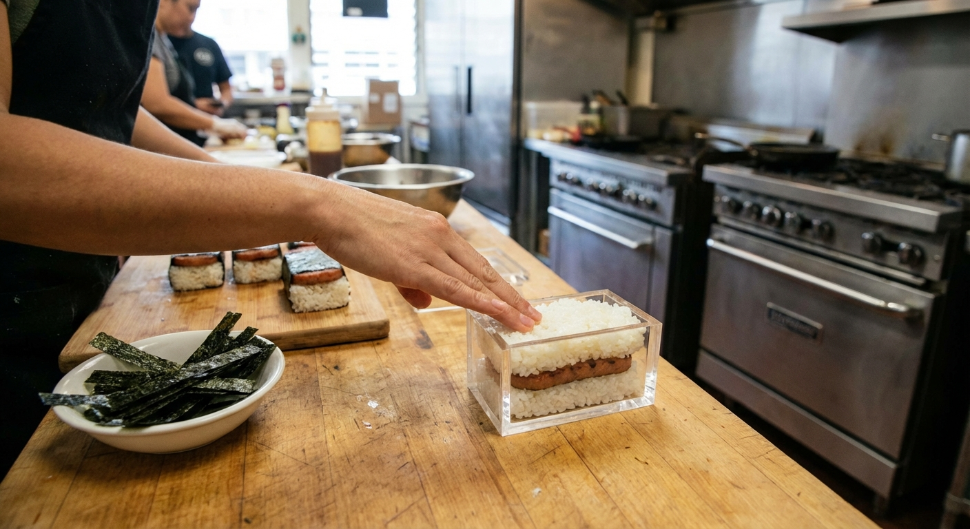 Musubi mold being used to shape Spam musubi, demonstrating the practical application of this essential Hawaiian kitchen utensil