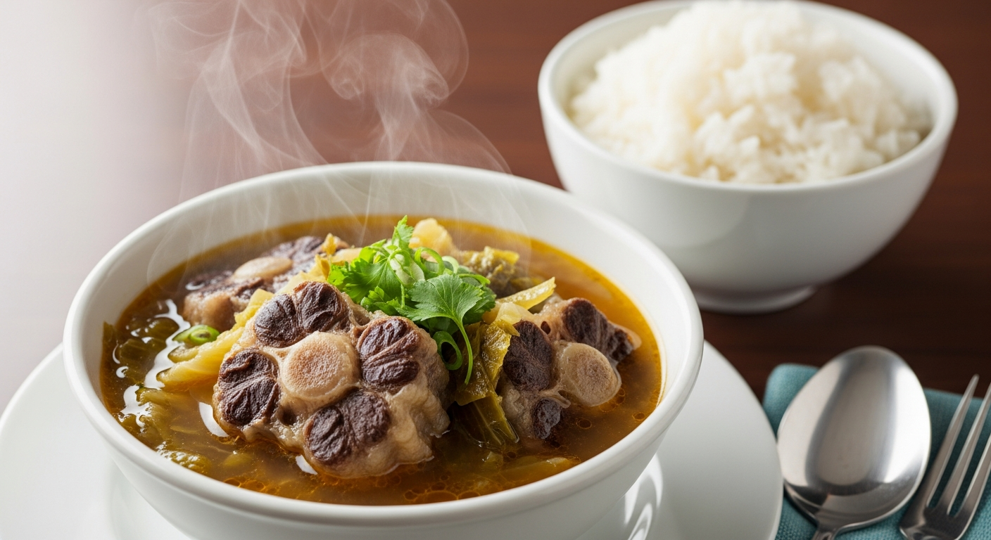 A steaming bowl of Hawaiian oxtail soup with tender fall-off-the-bone meat, the kind of dish that requires a big, heavy-bottomed stock pot and hours of patient simmering