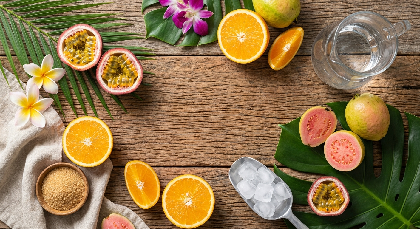 Fresh POG juice ingredients - passion fruit, oranges, and guava arranged on a tropical wooden surface
