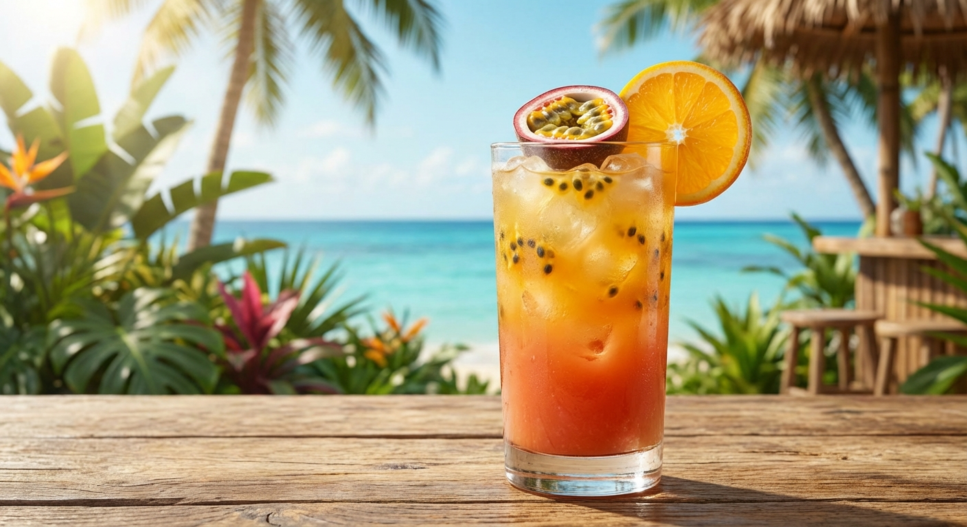A tall glass of fresh POG juice with ice, garnished with passion fruit half and orange slice in a tropical Hawaiian setting