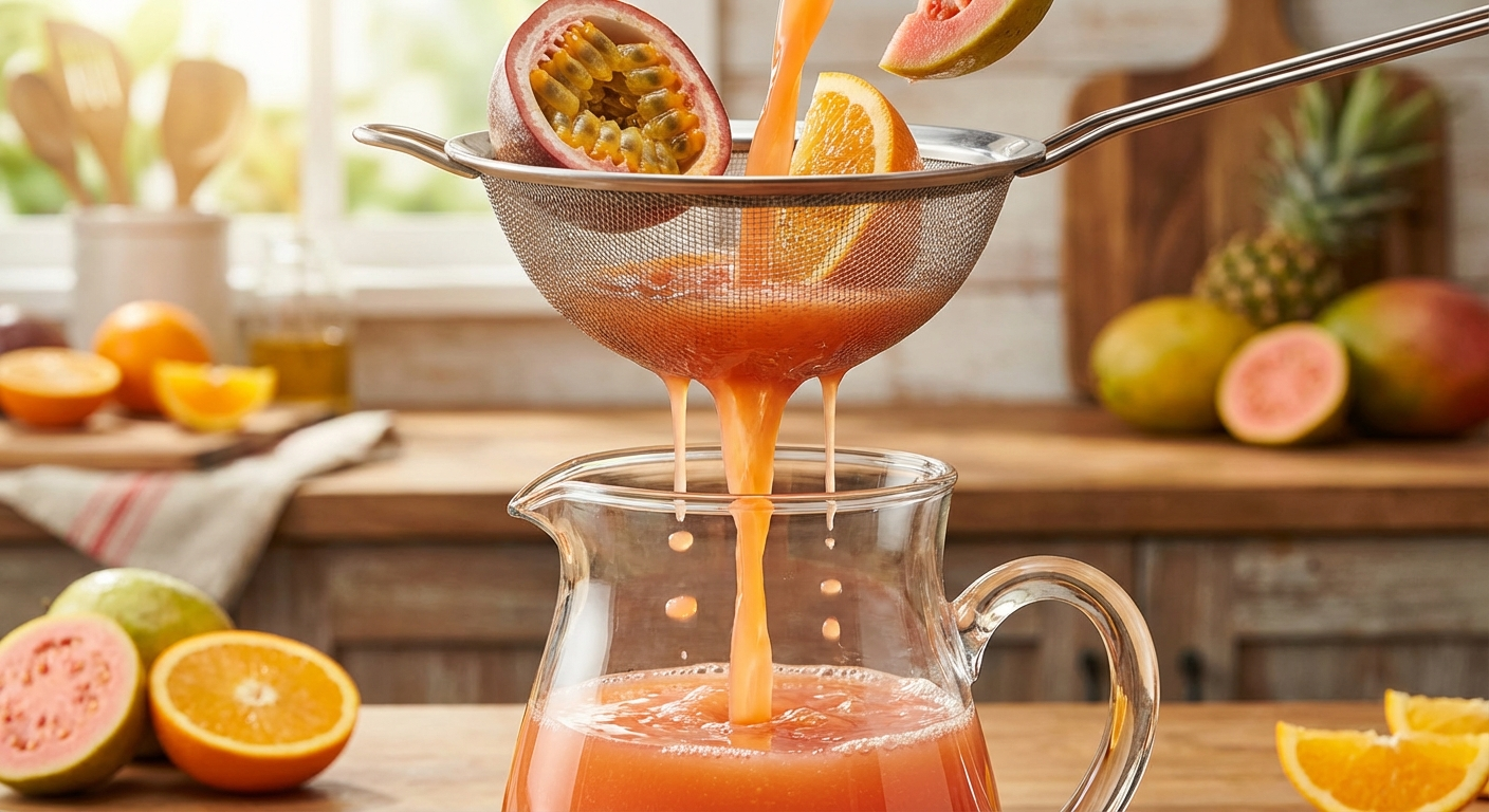 POG juice being strained through a sieve with vibrant orange-pink tropical juice flowing into a pitcher