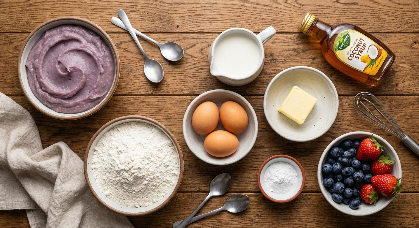 Overhead flat lay of poi pancake ingredients including poi taro paste, flour, eggs, milk, butter, baking powder, coconut syrup, and fresh berries in bowls
