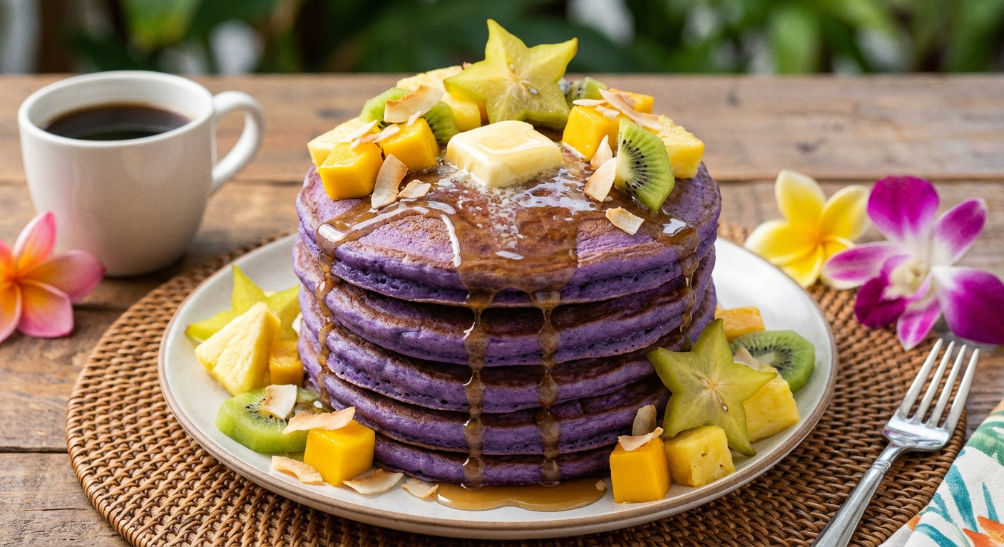 Stack of vibrant purple poi pancakes topped with butter, coconut syrup, and fresh tropical fruit