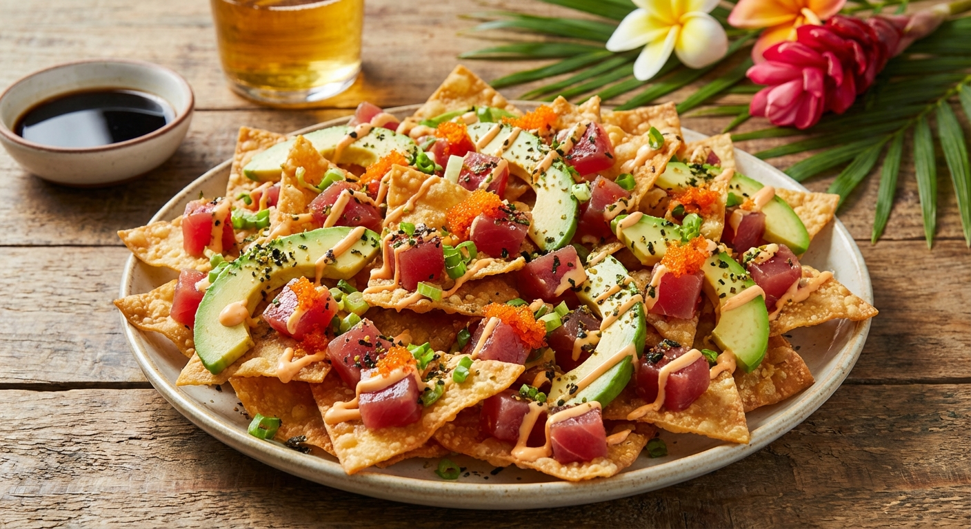 Fully loaded poke nachos on a platter - crispy wonton chips topped with fresh ahi poke, sliced avocado, sriracha mayo, tobiko, green onions, and furikake