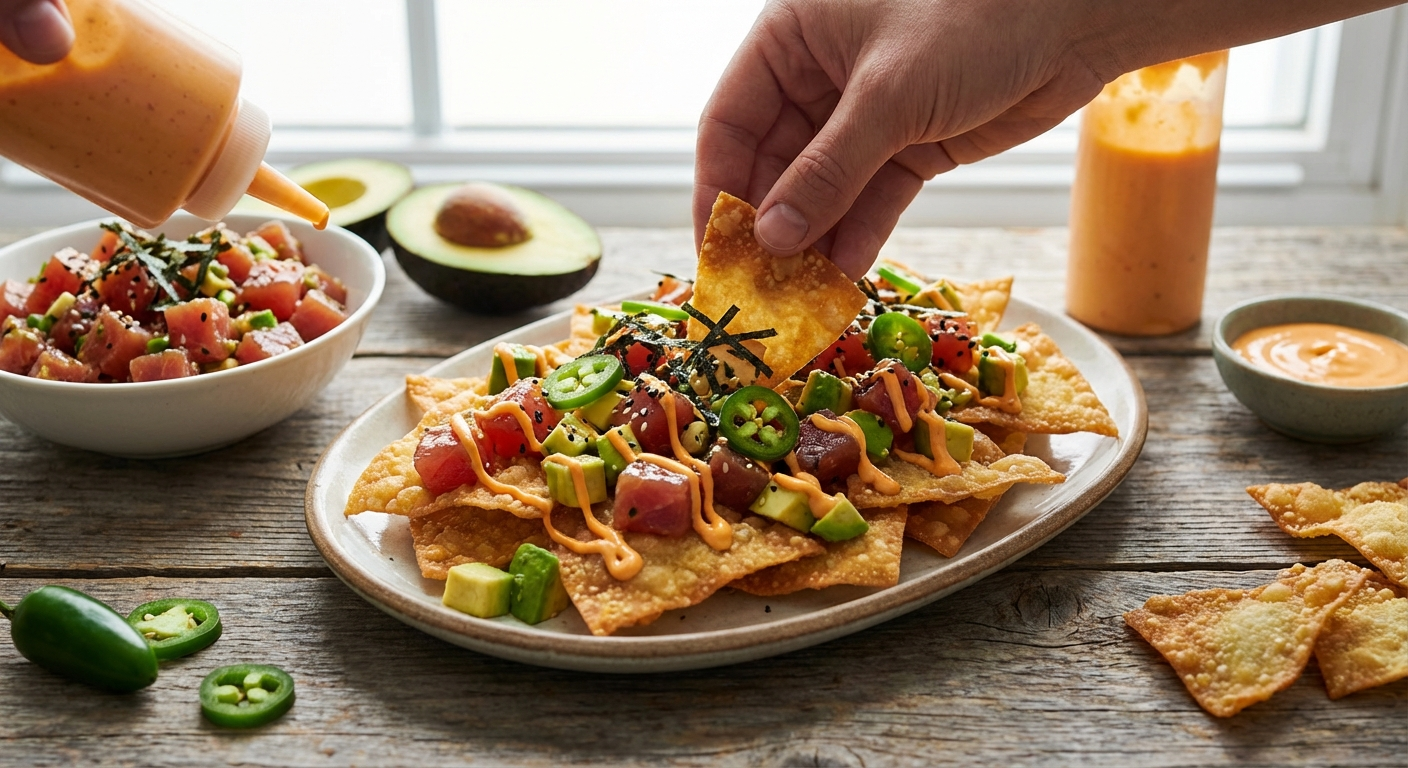 Poke nachos being assembled - crispy wonton chips layered with cubed ahi poke, avocado, and drizzles of spicy mayo