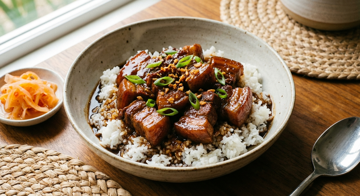 Pork adobo served over white rice in a bowl with tender pork pieces in glossy dark sauce garnished with green onions