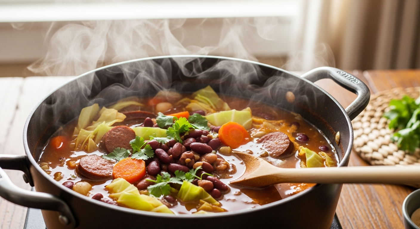 Portuguese bean soup simmering in a large pot with linguiça sausage, kidney beans, and vegetables in a rich tomato broth