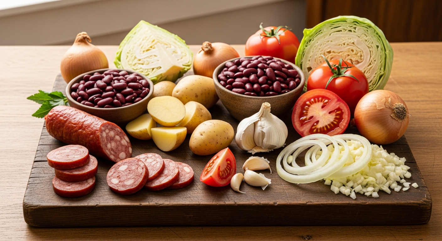 Flat lay of Portuguese bean soup ingredients including linguiça sausage, kidney beans, potatoes, cabbage, tomatoes, onions, and garlic arranged on a cutting board
