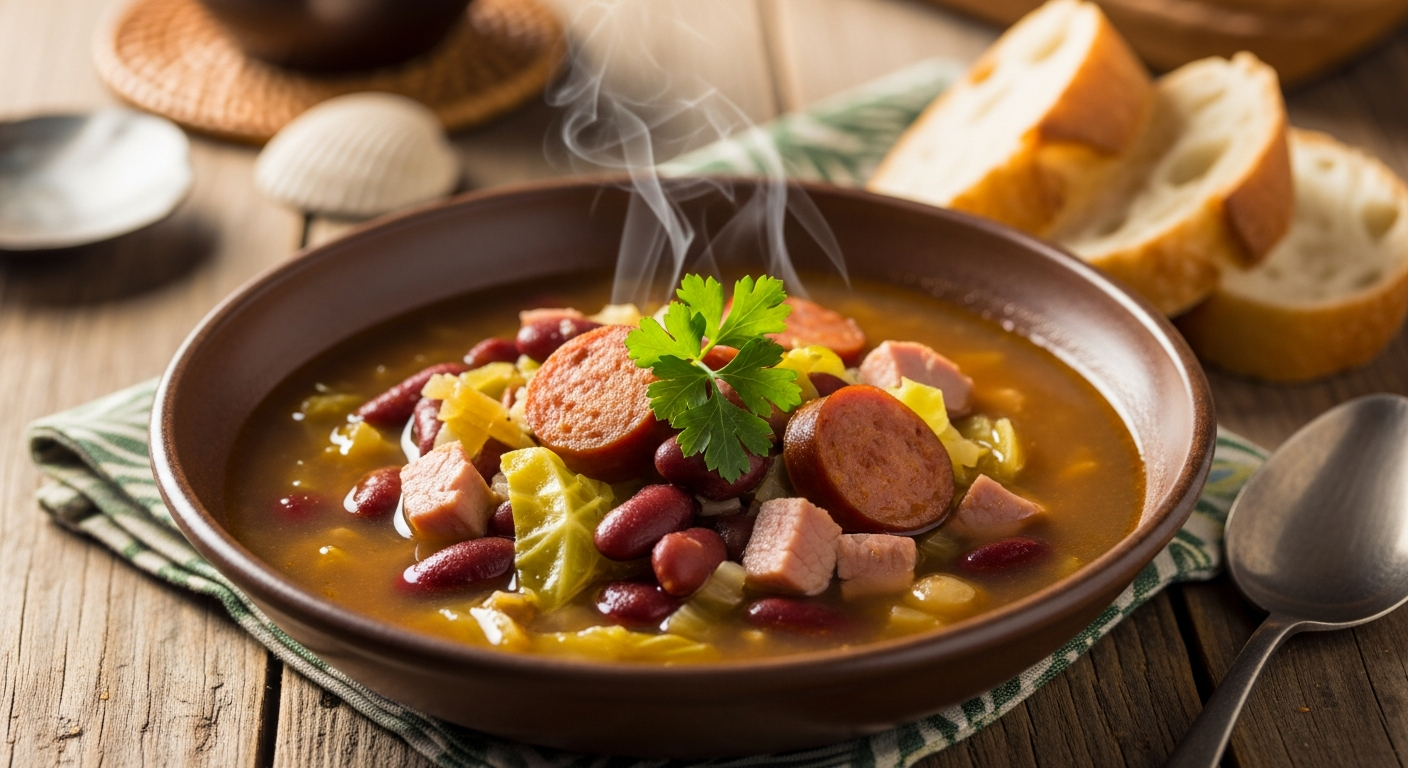 A bowl of finished Portuguese bean soup garnished with fresh parsley, served with crusty bread on the side
