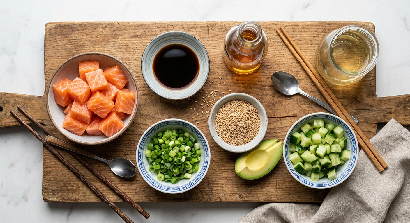 Fresh salmon poke ingredients laid out in small bowls - sushi-grade salmon, soy sauce, sesame oil, rice vinegar, green onions, sesame seeds, avocado, and cucumber