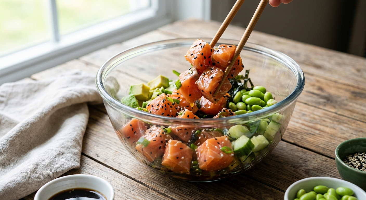Cubed pink salmon being tossed with soy sesame marinade in a glass bowl with sesame seeds visible